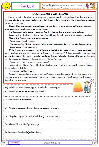 3. Sınıf Türkçe Okuma ve Anlama Metni Etkinliği ( Sakla Samanı Gelir Zamanı )